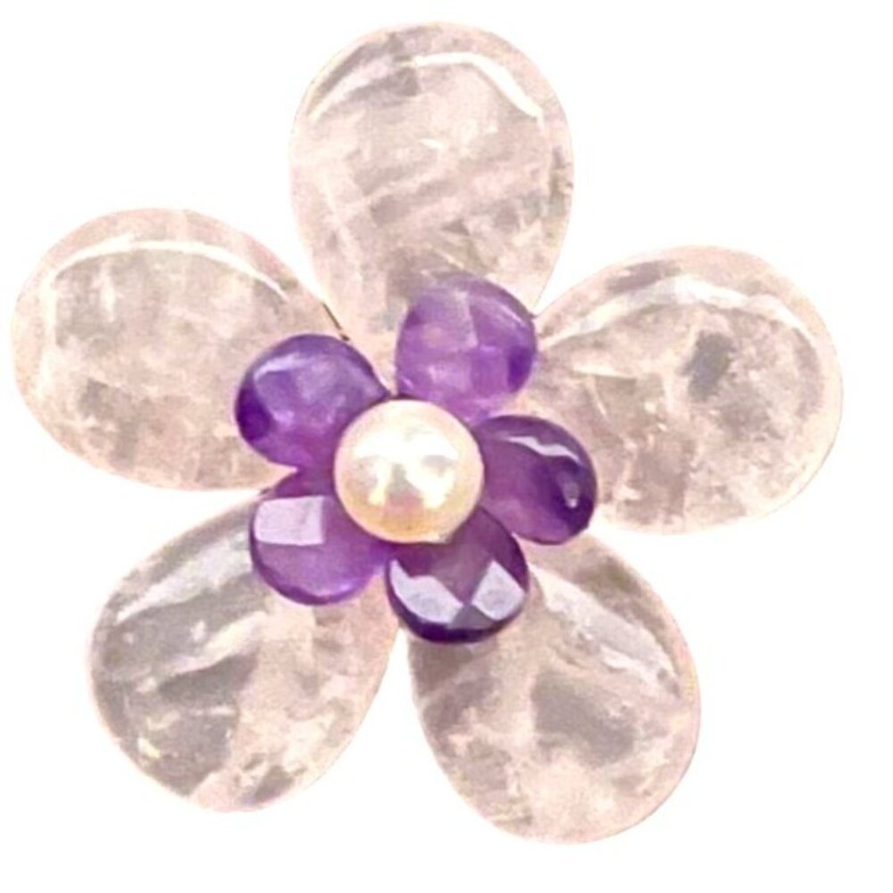 Brooch Pendant Sterling Silver Versatile Flower Rose Quartz Amethyst Real Pearl